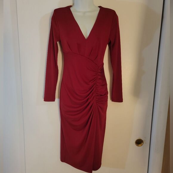 🆕️💃EXPRESS Ruched Long Sleeve Bodycon Dress, Red - Sz S - Picture 2 of 8
